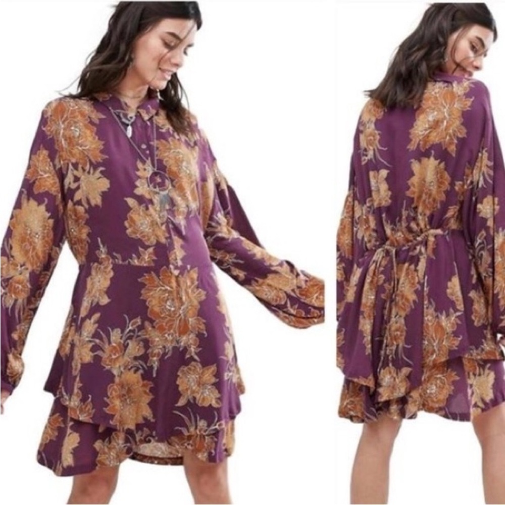 Free People Shake It Floral Print Dress Swing Long Sleeve Berry Combo XS